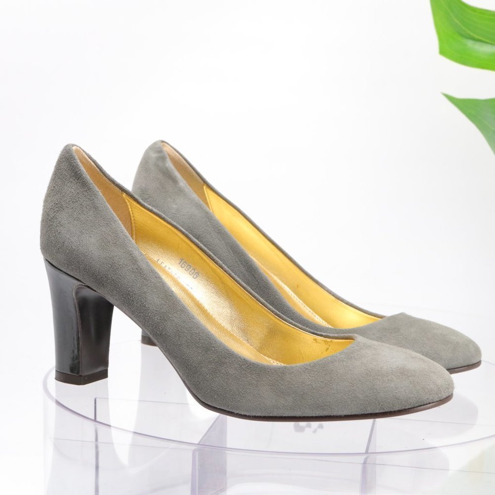 J. Crew Juliet Pump Classic Block Heel Round Toe Gray Suede Women 7 Italy